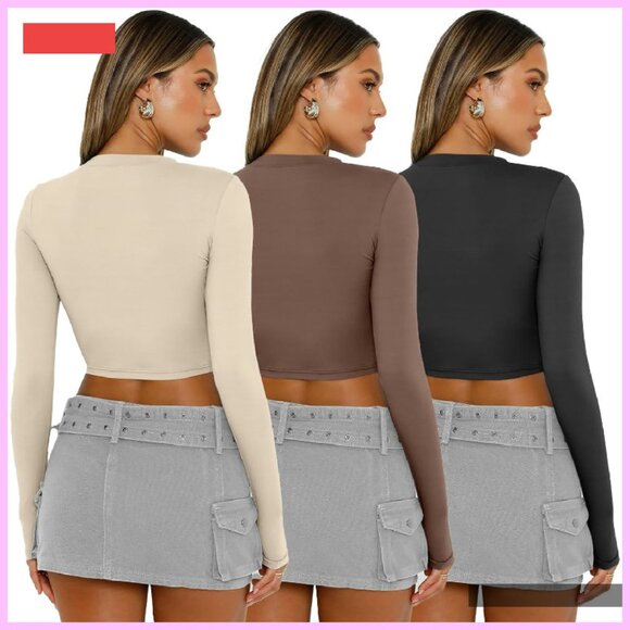 3 Pack Long Sleeve Crop Tops Slim Fitted Y2K Fashion Fall Outfits - Picture 4 of 4